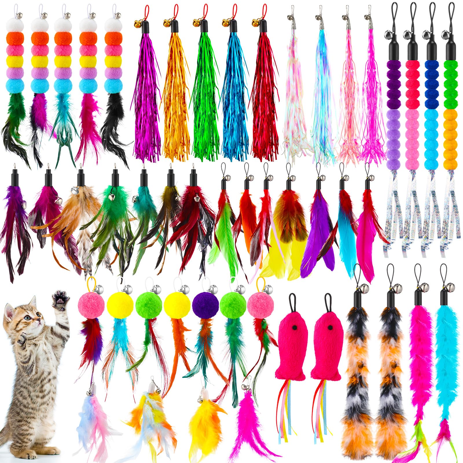 funfeline 50 Pcs Cat Feather Toys Refill Cat Wand Replacement Feathers Replacement Refills with Bells Cat Toy Feather Refills Cat Wand Attachments Feathers Interactive Cat Toys for Cat Toys