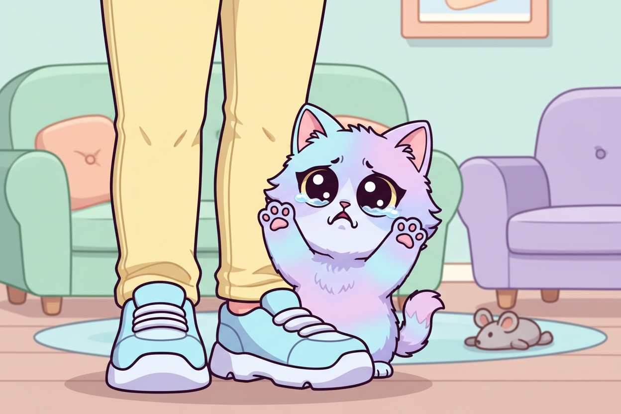 Cartoon cat peeking behind owner